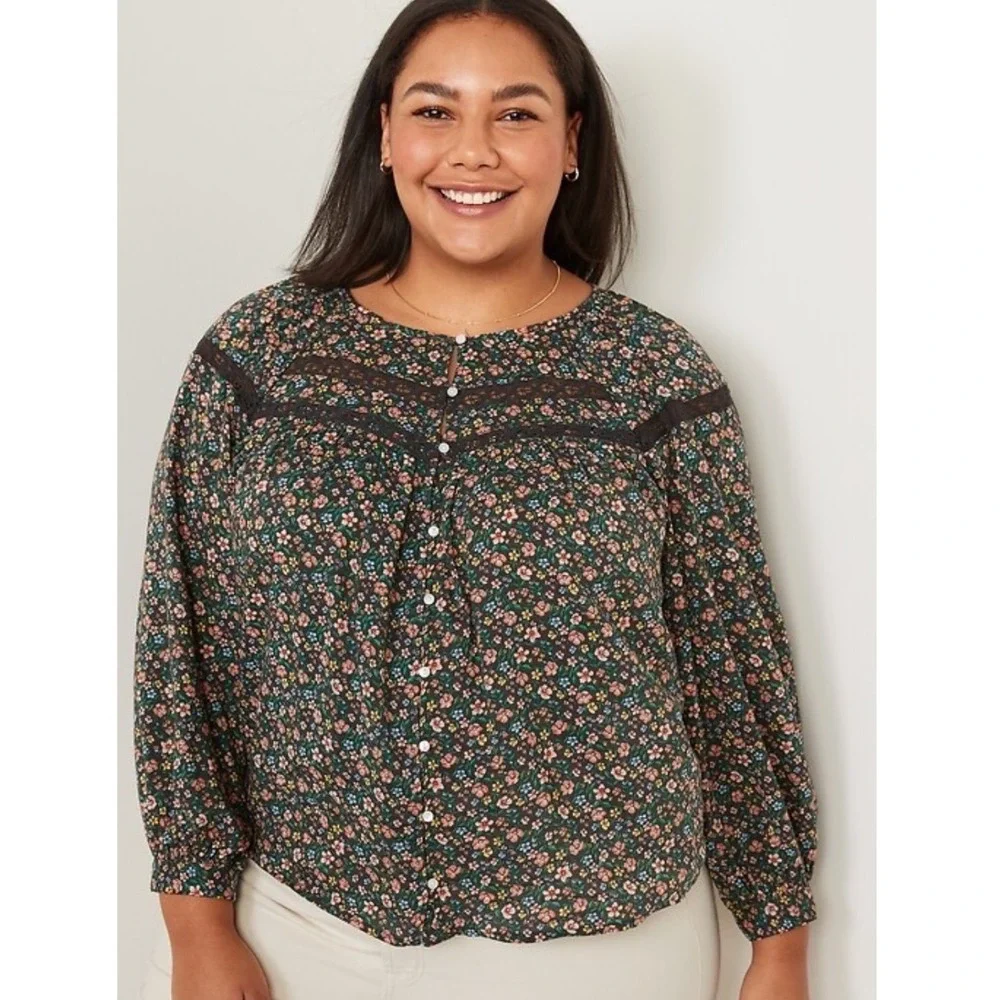 Old Navy Long-Sleeve Lace-Trimmed Floral Print Blouse Womens Sz 4X Bohemian Boho - Picture 13 of 14